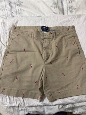 Chaps Khaki Shorts with Red and Blue Parrot Embroidery